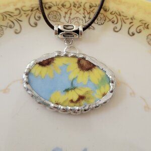 Watercolor Sunflowers Broken China Soldered Pendant Necklace
